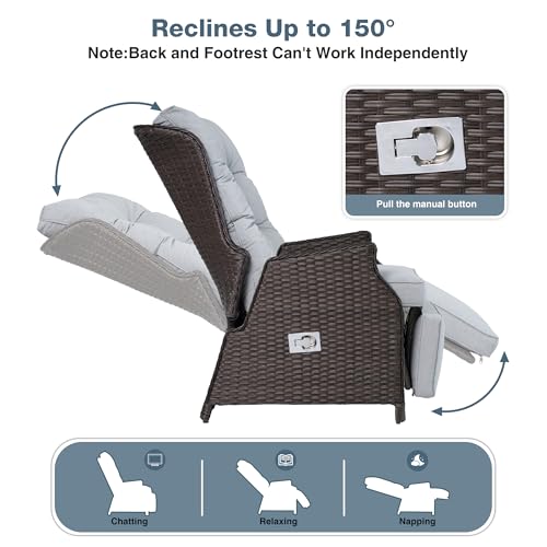 Outdoor Indoor Wicker Recliner with Adjustable Back and Footrest, Patio Reclining Chair with Flip-up Table, Outdoor Rattan Lounge Chair, Light Grey 2PCS - color: Light Grey, size: 2PCS