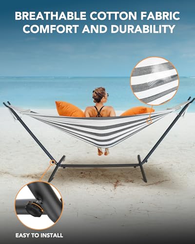 Everyfun Hammock with Heavy-Duty Steel Stand,Portable,Easy Assembly,600lbs Weight Capacity,Suit for Indoor,Yard,Camping,or Outdoor,Black White - color: Dc-black White