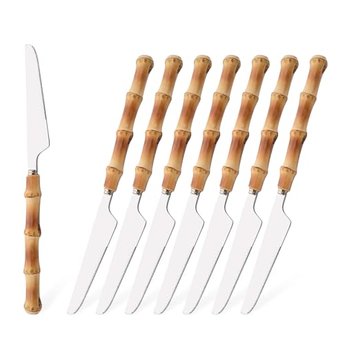 Dinner Knife Set with Bamboo Handle, 8-Piece Stainless Steel Shiny Silver Dinner Knives, Creative Design Table Knives for Home Restaurant, 8.74 inch, Handcrafted - color: 8-Piece Dinner Knife