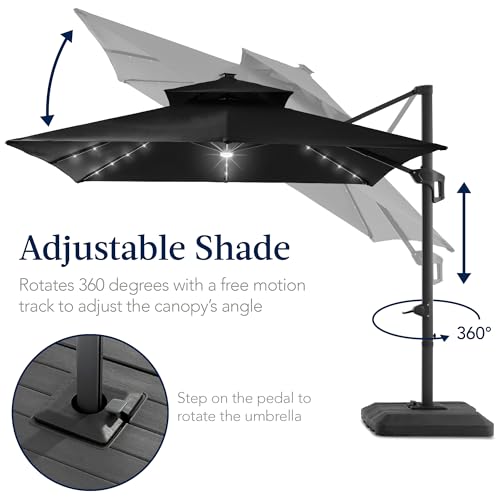 Best Choice Products 9x12ft LED Cantilever Patio Umbrella w/Base Included & 360° Rotation, Large Solar Offset Hanging Outdoor Sun Shade for Deck, Backyard Table w/Stand & Lights – Black - color: Black, size: 9x12ft