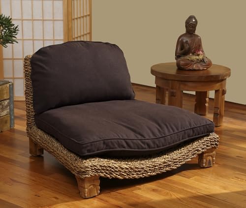 Serenity Meditation Floor Chair with Seagrass Woven Seat and Solid Mangowood Frame, Cushioned Seat, Wooden Legs, Natural Finish (Chocolate) - color: Chocolate