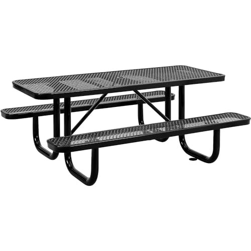 Global Industrial 6’L Rectangular Picnic Table, Expanded Metal, Black Thermoplastic Coating, Attached Benches, 1-1/2” Umbrella Pole Hole, Outdoor-Rated, 1000 lb Capacity, 72” x 30” Tabletop - color: Black
