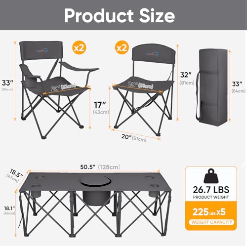 Colorsoul 5 Pcs Camping Chair Set w/Table, Outdoor Folding Chairs with Cooler Bag Cup Holder & Portable Table, Heavy Duty Oxford Fabric Lawn Chairs for Camping, Fishing, Picnic, Sporting Events, Grey - color: Grey