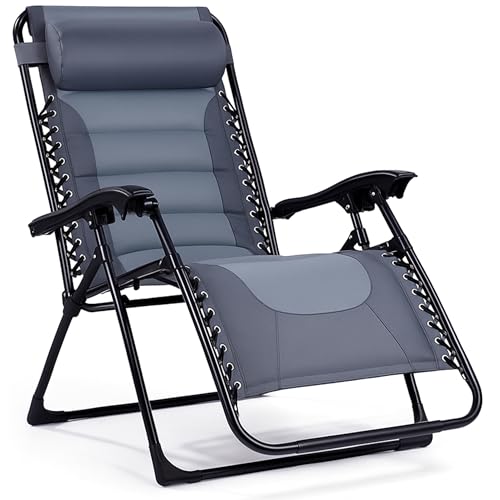 Backyard Expressions Deluxe XL Padded Recliner Zero Gravity Chair – Ergonomic Anti-Gravity Lounger with Folding Design, Side Tray, and Adjustable Headrest - color: Grey/Light Grey