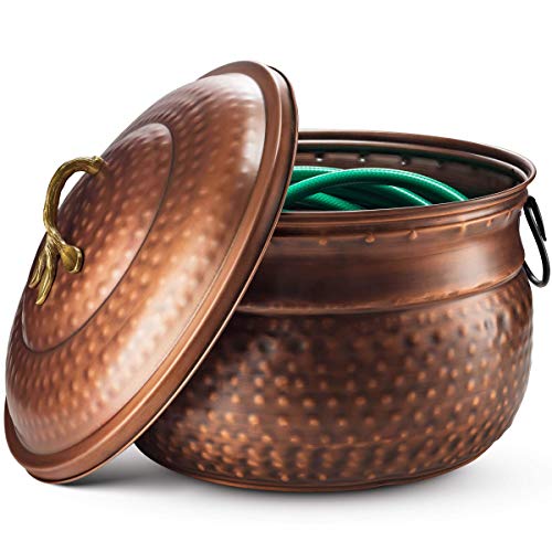 Decorative Garden Hose Pot Holder and Lid 16x16x12 | Hose Container Pot Outdoor or Indoor Use | Expandable Water Hose Storage | Holds Up to 100 ft Hose - Handmade