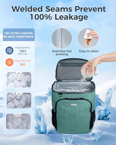 BAGLHER Lightweight Insulated Cooler Backpack - 30 Cans, Leak-Proof for Lunch, Picnic, Hiking, Camping Trips - color: green-core