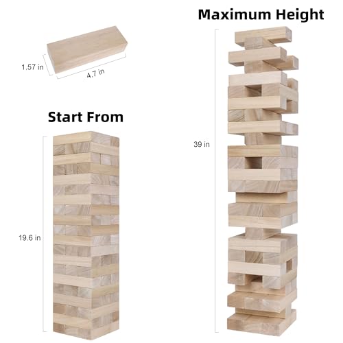 GOTHINK Giant Tumble Tower Game, Large Tumbling Tower Stacking to Over 3.2 FT 60pcs Wooden Jumbo Blocks for Outside Yard Games w/Carry Case Timber Stacking Game Night Toy Gift for Kids Adults Family - size: M-Over 3.2FT