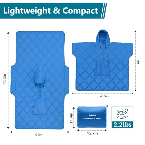 Camping Outdoor Blanket, Ultralight Down Alternative Printed Travel Camp Blankets for Sleeping Packable Waterproof Puffy Quilt for Hammock Picnic Stadium Beach Cold Weather (Blue Blanket Poncho) - color: Blue Blanket Poncho