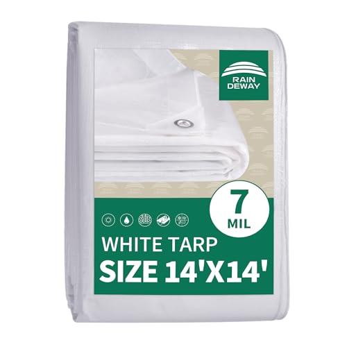 RAINDEWAY Tarps 14x14 Feet Tarp Waterproof,7Mil Thick,Finished Size,UV Resistant,Multipurpose Poly Tarp Cover with Metal Grommets and Reinforced Edges,White Tarps - color: White, size: 14x14 Feet-Finished Size