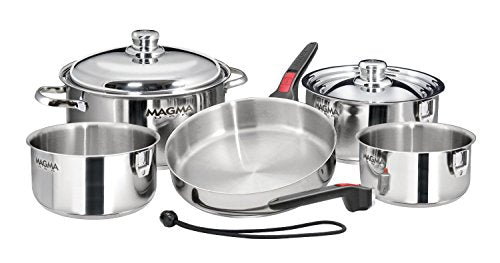 Magma 10 Piece Gourmet Nesting Stainless Steel Cookware Set, Induction Compatible, Oven Safe to 500°F - Suitable for All Stovetops, Removable Handles, Silver - color: Stainless Steel, style: 10 Piece