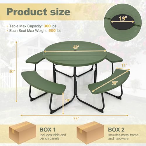 Tangkula 8 Person Picnic Table, Outdoor Round Picnic Table with 4 Built-in Benches, Umbrella Hole, Metal Frame & HDPE Tabletop, Outside Table and Bench Set for Backyard, 2300lbs Weight Capacity - color: Green