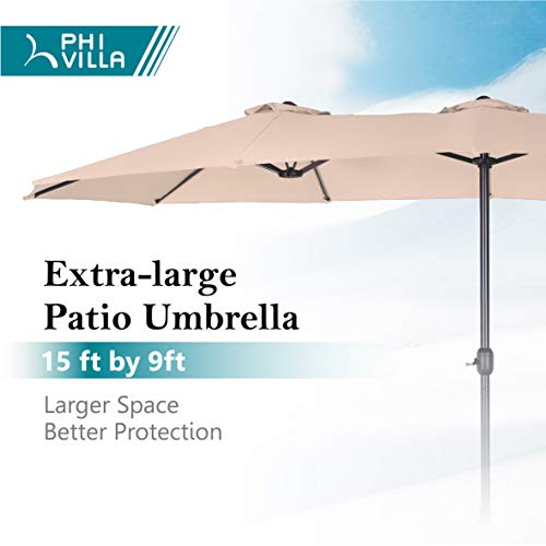 PHI VILLA 15FT Patio Umbrella with Base, Large Double-Sided Outdoor Market Umbrella with Crank Lift, UV-Resistant Canopy for Poolside, Garden, Deck, Backyard, Khaki - color: Khaki