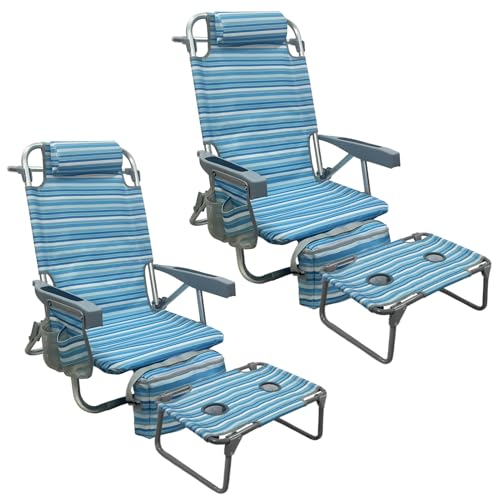 Backpack Beach Chair Aluminum 2 Pack with Folding Camping Table 5-Position Lay Flat Lounge Chair Outdoor for Adults with Insulated Cooler Bag and Cup Holder - color: Blue, size: 2 PACK