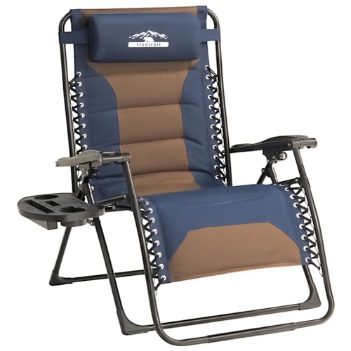 Zero Gravity Chair Oversized Recliner Padded Reclining Patio Chairs Folding XL Anti Gravity Lounge Chair with Adjustable Pillow and Cup Holder for Outdoor Camping Patio Lawn - color: Brown & Blue, size: X-Large/1 PCS