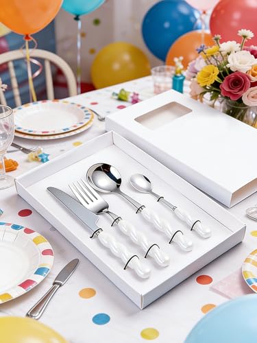 Stainless Steel Flatware Set, 4-Piece Heavy Duty Cutlery Set with Dinner Knife, Fork & Spoons, Tableware Gift for Daily Use Wedding Housewarming Baby Shower Birthday Gifts(White) - color: White