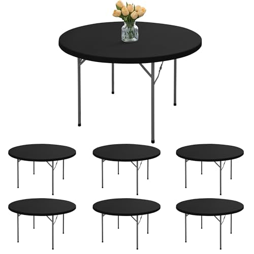 Fitted Round Table Cover with Elastic - 6 Pack Black Round Tablecloths 60 Inch, Windproof & Non-Slip Dining Circle Table Protector for Outdoor Picnic, Party, Event - color: Black, size: 60 Round, 6 Pack