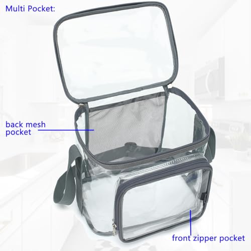 FlowFly Insulated Reusable Lunch Bag Adult Large Lunch Box for Women and Men with Adjustable Shoulder Strap,Front Zipper Pocket and Dual Large Mesh Side Pockets,Clear#Grey - color: Clear#Grey