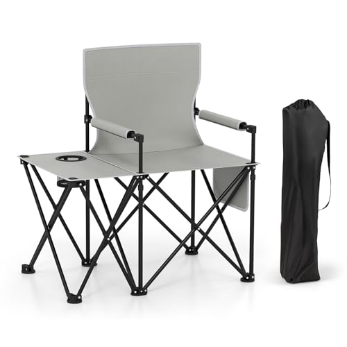 Goplus Oversized Camping Chair with Side Table, Folding Heavy-Duty Picnic Chair w/ 2 Storage Pockets, Cup Holder, Padded Armrests, Carrying Bag, Portable Outdoor Chair for Fishing RV Trip (Gray,1) - color: Grey