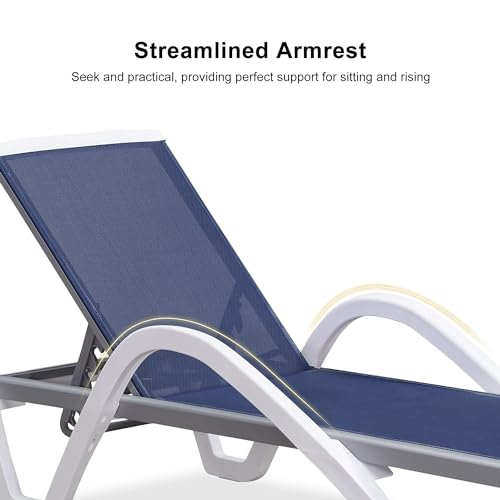 PURPLE LEAF Patio Chaise Lounge Chair Set Outdoor Plastic Textilene Lounger with Side Table 6 Adjustable Positions Sun Bathing Tanning Recliner for Pool Outside Beach in-Pool Lawn Poolside, Navy Blue - color: Navy Blue, style: 1 chair(w/Arms) + 1 table