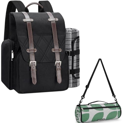Picnic Backpack for 4 Person with Large Insulated Cooler Bag, Picnic Basket Set with Wine Pouch,Picnic Blanket Waterproof Sandproof with Shoulder Strap