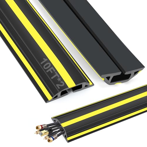 10 ft Cord Covers for Wires on Floor, Heavy Duty PVC Duct Floor Cord Cover, Floor Cable Cover Easy to Unroll Prevent Trip Hazard for Home Office or Outdoor Settings (2pcs) - size: 10 Feet - Black and Yellow - 2 Packs