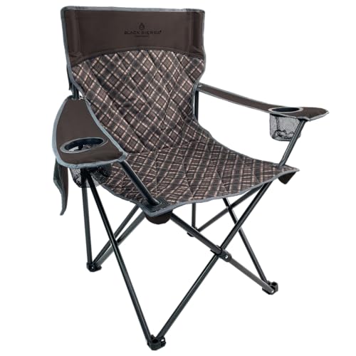 Black Sierra Quilted Padded Camping Chair, Oversized Heavy Duty Outdoor Lounge Seat Supports 300 lbs, Portable, Folding with Cup Holder for Beach, Tailgating, Sports, Patio - color: Brown Plaid