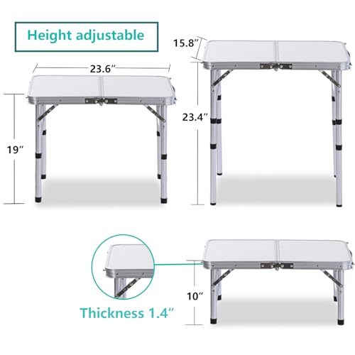 YihuiKo Folding Camping Table with Adjustable Height, 23.6" x 15.8" Portable Lightweight Tables with Aluminum Legs for Outdoor Camp, Picnic, Beach, Backyard, Tailgate Cooking, 3 Heights