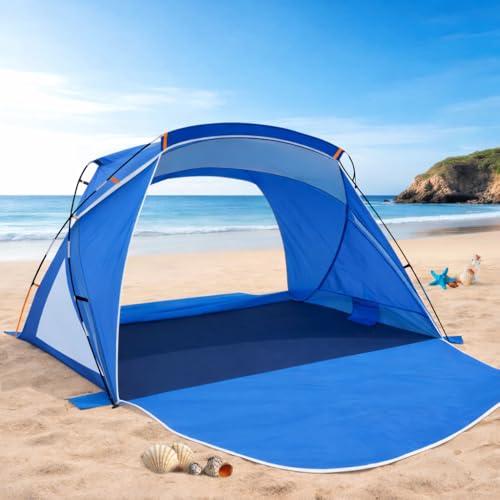 Beach Tent Sun Shelter with UPF 50+ UV Protection, Dual Door Design for Better Ventilation, Easy Setup Portable Beach Shade Canopy with Carrying Bag for Beach, Camping, Fishing and Outdoor Travel - color: Blue-Dual Door, size: Standard 3-Person