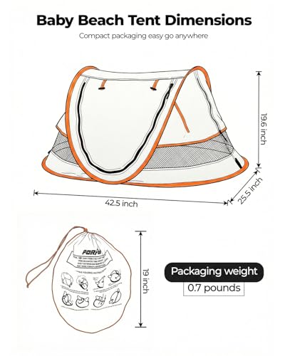 Poray Portable Baby Beach Tent with UPF 50+ Sun Shelter,Mosquito Net and Sunshade, Ideal Pop Up Kids Travel Tent with Carry Bag & 2 Stakes,Outdoor Indoor Play and Sun Protection - style: Vibrant Orange