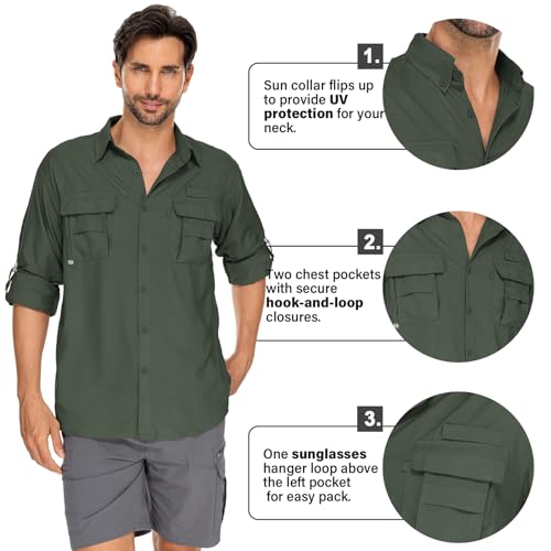 Mens Safari Shirts Long Sleeve UV Protection Hiking Fishing UPF 50+ Quick Dry Camping Travel Shirts - color: Army Green, size: Small