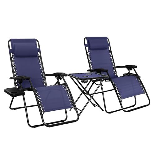 Amazon Basics Outdoor Adjustable Zero Gravity Folding Reclining Lounge Chair with Cup Holder, Headrest Pillow, Detachable Side Table, Weather Resistant, Set of 2, Blue - color: Blue