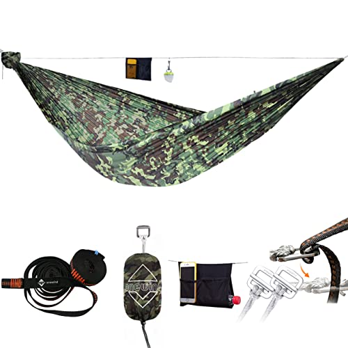 Onewind Camping Hammock, Ultralight Portable Hammock with Adjustable Ridgeline, Outdoor Hammock 20D Ripstop Nylon with 2 * 12Ft Tree Strap, Ideal for Camping, Hiking, Backpacking - color: Camo-single Layer, size: 11' * 55"