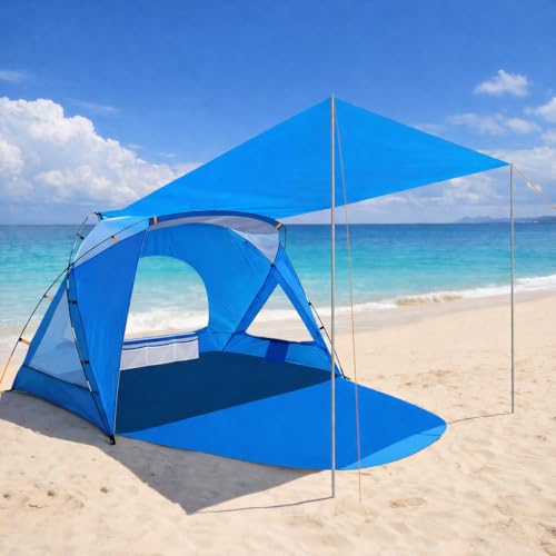 Beach Tent, Portable Sun Shelter for 2/3/4/6-8 Person with UPF 50+ UV Protection, Easy Setup Waterproof Beach Shade Canopy Cabana for Family Outdoor and Picnics, Fishing with Carrying Bag - color: Blue with Canopy, size: Spacious 4-Person