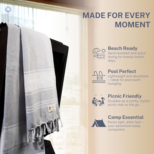 Cotton Turkish Beach Towel with Towels Oversized 36"x72" Pool Absorbent Extra Large Quick Dry Sand Travel Towel (Light Grey, 2 Pack) - color: Light Grey, size: 2 Pack
