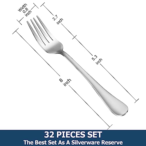 32 Piece Dinner Forks Set, Food-Grade Stainless Steel Silverware Forks, Cutlery Fork, Metal Fork for Home, Kitchen or Restaurant, Mirror Polished, Dishwasher Safe - 8 Inch - size: 32pcs-Silver