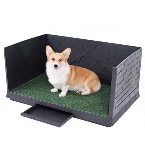 Dog Grass Pad with Tray, Puppy Potty Training System with 3 High Walls - Splashproof and Easy to Build, 2 Reusable Premium Grass Pads, Indoor Drawer-Type Fake Turf Pee Litter Box for Small Dogs