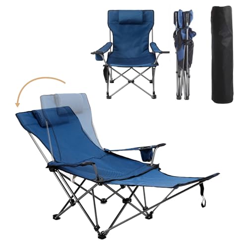 Reclining Folding Camping Chair with Removabel Footrest, Adjustable Folde Camping Chair with Foot Rest, Camp Lounge Outdoor Beach Chair, Oxford Fabric Reclining Design with Pillow Cup Holder, Blue - color: Blue