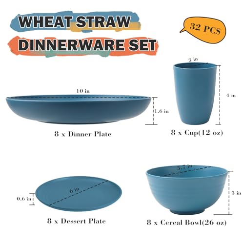 Wheat Straw Dinnerware Sets, 32 PCS Dishes Set for 8, Unbreakable Lightweight Reusable Plates and Bowls Sets for Kitchen Outdoors RV Camping Patio, Dishwasher & Microwave Safe - Blue - color: Blue, size: 32 PCS