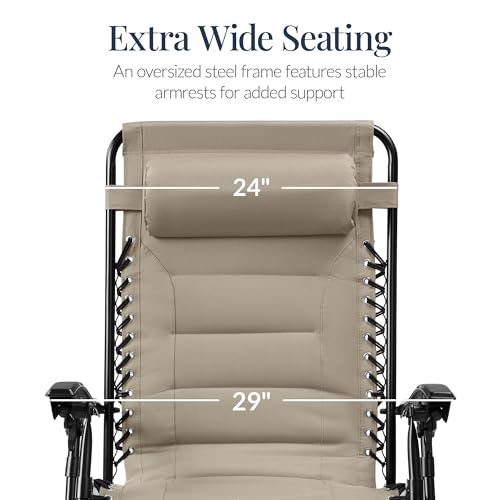 Best Choice Products Oversized Padded Zero Gravity Chair, Folding Outdoor Patio Recliner, XL Anti Gravity Lounger for Backyard w/Headrest, Cup Holder, Side Tray, Polyester Mesh - Dune - color: Dune