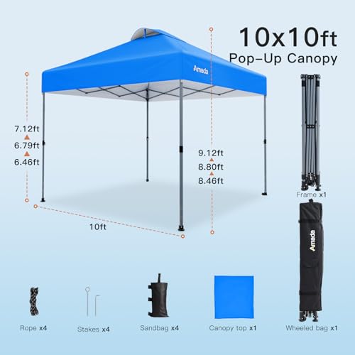 Amada 10x10 Pop Up Canopy Tent, 1-Button Push Easy-up Outdoor Canopy Beach Tent with 3-Height Adjustable Waterproof Shade Shelter, Wheeled STO-N-Go Bag 8 Stakes, 4 SandBags (Blue) - color: Blue, size: 10x10ft