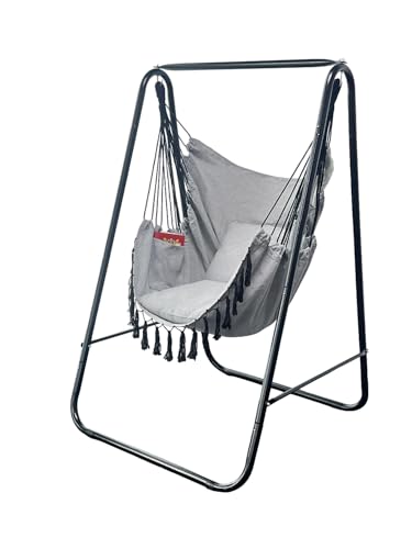 Hammock Chair with Stand,Heavy-Duty Hammock Stand with Large Indoor Swing,MAX Load 500 LBS,Hanging Chair with Stand for Indoor Outdoor,Swing Chair with 2 Cushions Included(Grey) - color: Light Grey