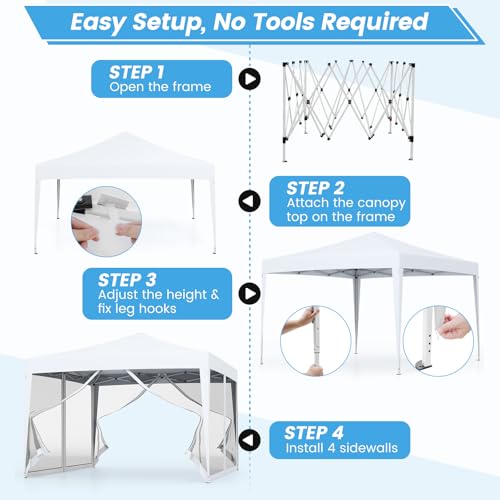Tangkula 10x10 Ft Pop Up Canopy with Netting, Easy Up Outdoor Tent with Mesh Sidewalls, Carrying Bag, Adjustable Height, Portable Canopy Tent for Parties Events Camping Travel - color: White