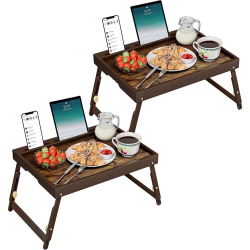 2 Pack Bamboo Breakfast Tray with Telescopic Legs Tray with Foldable Legs and Removable Stand | Ergonomic Handle | Portable Bed Tray for Dining, Working, Laptop, Tablet and Phone - color: Telescopic, size: Large- 2 pack