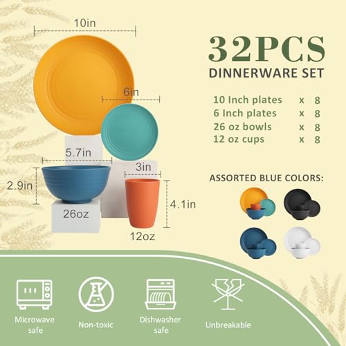 Wrova Wheat Straw Dinnerware Set of 32, Unbreakable Dinner Plates and Bowls Dishes Sets Service for 8,Dishwasher Safe Dinnerware Sets for Kitchen and Camping.Vibrant Series - color: Vibrant Series, size: 32 Pack