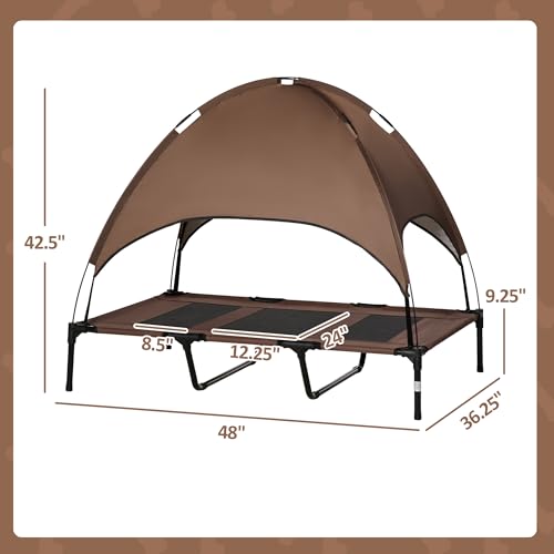 PawHut Elevated Portable Dog Cot Pet Bed with UV Protection Canopy Shade, 48 inch, Coffee - color: Coffee, size: 48 inch