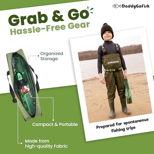 DaddyGoFish Kids Fishing Pole - Rod Reel Combo Tackle Box Starter Set - First Year Small Dock Gear Kit for Boys Girls Toddler Youth Age Beginner Little Children Junior Anglers - color: Green (Complete Set), size: 4ft