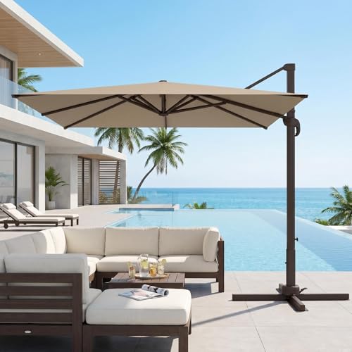 Kingdura 10' X 10' Cantilever Patio Umbrella, Large Square Aluminum Outdoor Offset Umbrella with 360-degree Rotation, 4 Position Tilt, UV Protection for Pool Deck Garden Patio (Beige) - color: Beige, size: 10x10 FT (No Base)