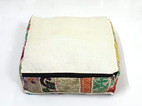 Mam Treasures Indian Bohemian Decorative Pillow Vintage Cushion Cover Patchwork Square Floor Pillow Cover Meditation Cushion Large Floor Pillow Indian Cushion (White, 16 X 16 X 5 Inch) - color: White, size: 16" x 16" (Pack of 1)