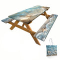 Sea Beach Picnic Table Cover with Bench Covers and Carrying Bag, Seashells Ocean Waves Tropical Hawai Rectangle Table Cover, Outdoor Patio Camping Essentials 6FT 4PCS, Camping Fitted Tablecloth