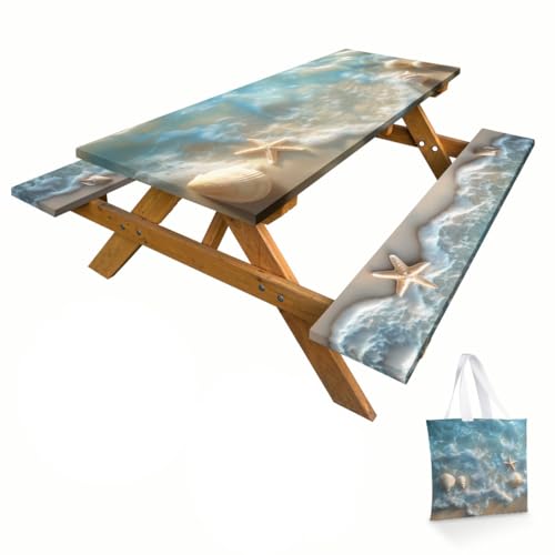 Sea Beach Picnic Table Cover with Bench Covers and Carrying Bag, Seashells Ocean Waves Tropical Hawai Rectangle Table Cover, Outdoor Patio Camping Essentials 6FT 4PCS, Camping Fitted Tablecloth